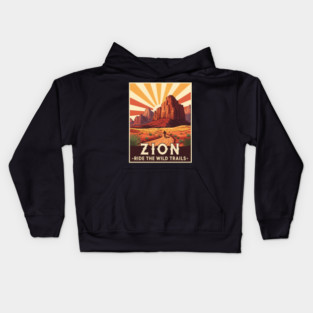 Zion National Park - mountain biking, desert trails, best, unique, best for women, men kids, utah landscape, outdoor adventure, cycling, visit, vintage travel poster, ride the wild trails, hiker, biker, camping trip, art, Kids Hoodie