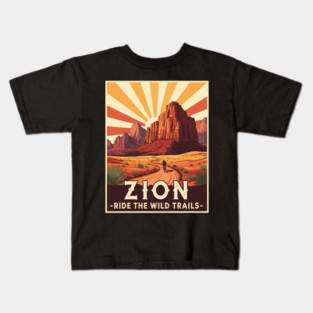 Zion National Park - mountain biking, desert trails, best, unique, best for women, men kids, utah landscape, outdoor adventure, cycling, visit, vintage travel poster, ride the wild trails, hiker, biker, camping trip, art, Kids T-Shirt