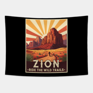 Zion National Park - mountain biking, desert trails, best, unique, best for women, men kids, utah landscape, outdoor adventure, cycling, visit, vintage travel poster, ride the wild trails, hiker, biker, camping trip, art, Tapestry