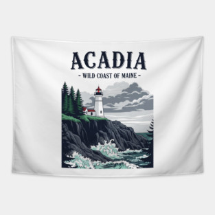 Acadia Wild Coast of Maine Lighthouse Design - Best, Unique Gift idea for Women, Men, Kids, Christmas, Birthday, with a retro vintage style, ocean, travel, lovers, hiking, adventure, souvenir, map, visit, trip, camping, Maine, Tapestry