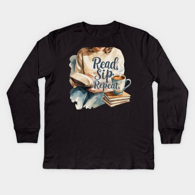 Read Sip Repeat Book and Coffee Ritual Kids Long Sleeve T-Shirt by SR8891