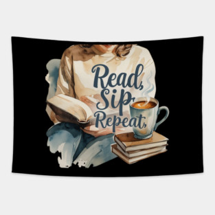 Read Sip Repeat Book and Coffee Ritual Tapestry