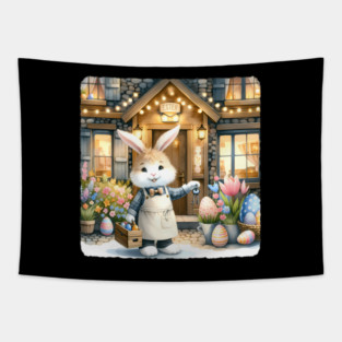 Easter Rabbit Innkeeper Welcomes Guests. Easter-Themed Inn Tapestry