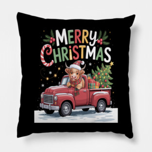 Merry Christmas Scottish Highland Cow Xmas Farm Animal Pillow