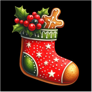 Christmas Stocking with Gingerbread Cookie and Holly Berries Posters and Art