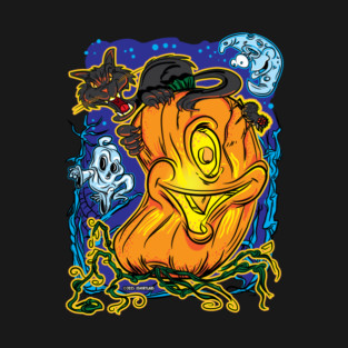 Creepy Cute Cyclops Jack-O’-Lantern with Black Cat & Ghost T-Shirt