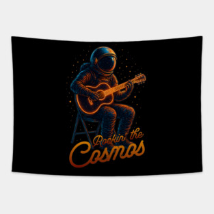 Cosmic Strings – Neon Astronaut Playing Guitar in Space Retro Sci-Fi Tapestry