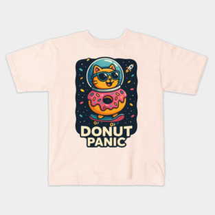 Donut Panic Funny Space Cat with Donut and Skateboard Design Kids T-Shirt