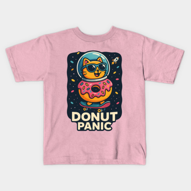 Donut Panic Funny Space Cat with Donut and Skateboard Design Kids T-Shirt by Anne Lee