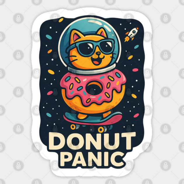 Donut Panic Funny Space Cat with Donut and Skateboard Design Sticker by Anne Lee