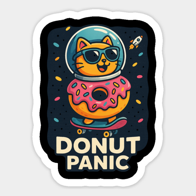 Donut Panic Funny Space Cat with Donut and Skateboard Design Magnet by Anne Lee