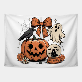 Vintage Halloween Pumpkin with Crow, Ghost & Trick or Treat Scene Tapestry