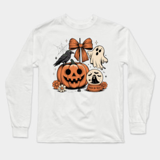 Vintage Halloween Pumpkin with Crow, Ghost & Trick or Treat Scene Long Sleeve T-Shirt