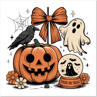 Vintage Halloween Pumpkin with Crow, Ghost & Trick or Treat Scene Posters and Art