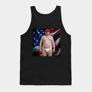 The Shittiest President Donald Trump, Wearing His Adult Diaper and MAGA Hat, Against a Dirty American Flag Tank Top