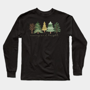 Merry and Bright Christmas Tree Design Long Sleeve T-Shirt
