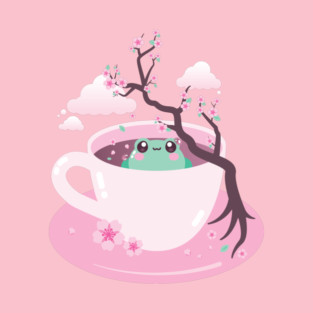 Kawaii Sakura Tea Frog Cute Cherry Blossom Cup Illustration T-Shirt