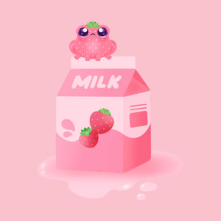 Kawaii Strawberry Frog Cute Pink Milk Carton Illustration T-Shirt