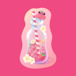 Strawberry Soda Frog Kawaii Drink Illustration T-Shirt