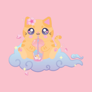 Kawaii Orange Cat  Cute Bubble Tea on a Cloud Illustration T-Shirt