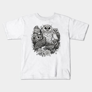 Intricate Owl Group Portrait Art | Majestic Forest Creature Illustration | Detailed Wisdom Birds Kids T-Shirt