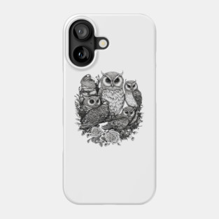 Intricate Owl Group Portrait Art | Majestic Forest Creature Illustration | Detailed Wisdom Birds Phone Case