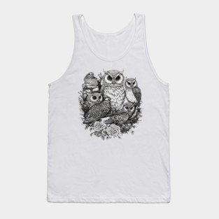 Intricate Owl Group Portrait Art | Majestic Forest Creature Illustration | Detailed Wisdom Birds Tank Top