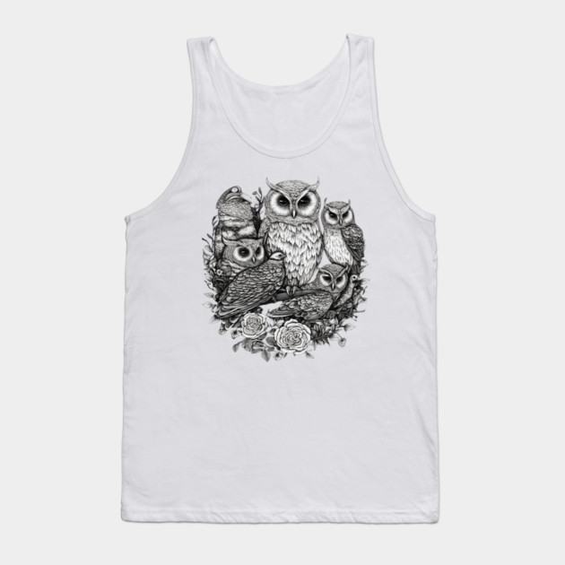Intricate Owl Group Portrait Art | Majestic Forest Creature Illustration | Detailed Wisdom Birds Tank Top by shimaaalaa