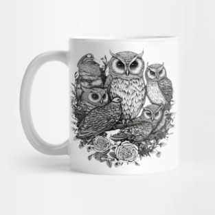 Intricate Owl Group Portrait Art | Majestic Forest Creature Illustration | Detailed Wisdom Birds Mug