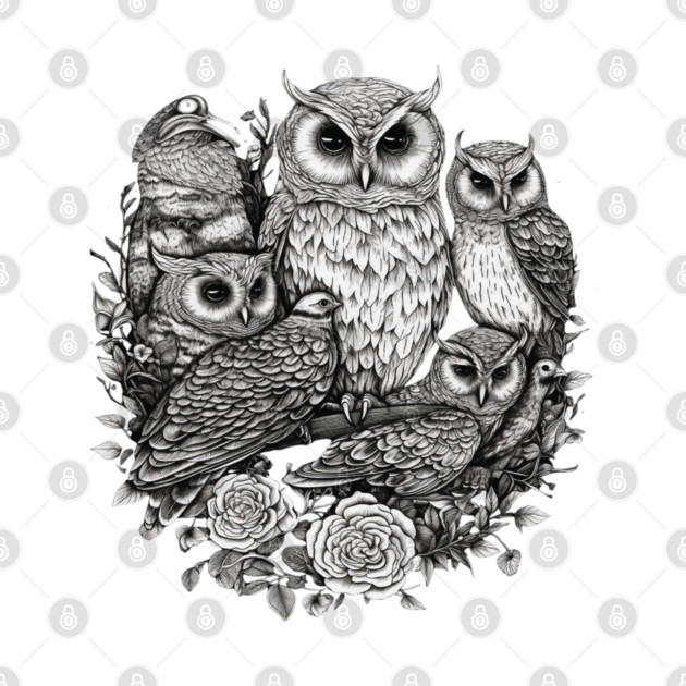 Intricate Owl Group Portrait Art | Majestic Forest Creature Illustration | Detailed Wisdom Birds by shimaaalaa