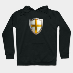 Elegant White Shield with Gold Cross – Medieval Emblem Hoodie