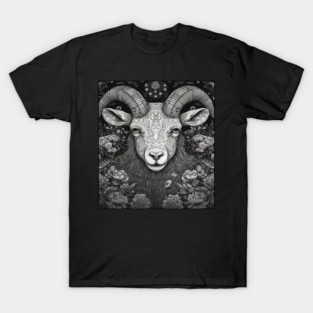 Intricate Ram Goat Head Art | Majestic Ornate Animal Design | Mystical Dark Zodiac Illustration T-Shirt