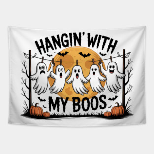 Hangin' With My Boos Ghost Halloween Pumpkin Spooky Season Tapestry