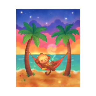 Kawaii Monkey Relaxing in Hammock Tropical Sunset Beach Scene T-Shirt