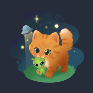 Kitten Abducts a Tiny Alien Cute Space Cat Art T-Shirt