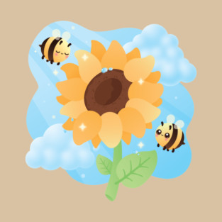 Kawaii Sunflower and Bees Cute Summer Garden Illustration T-Shirt