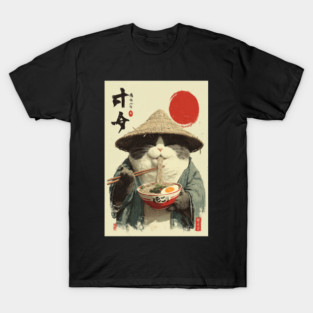 Samurai Cat Eating Ramen T-Shirt