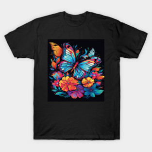 Radiant Butterflies & Blooming Flowers | Colorful Nature Illustration | Enchanted Meadow T-Shirt