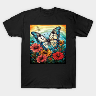 Colorful Floral Field with Butterflies | Vibrant Nature Illustration | Whimsical Garden Art T-Shirt