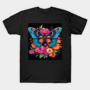 Colorful Butterflies in a Floral Field | Vibrant Nature Illustration | Enchanted Garden Art T-Shirt