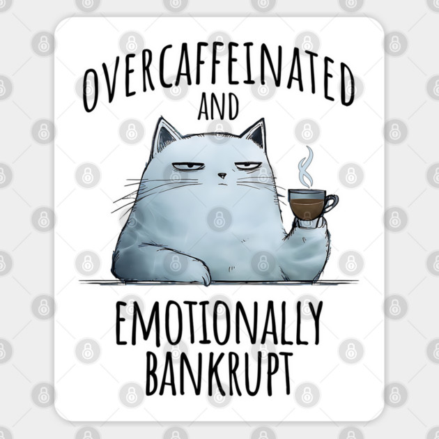 Overcaffeinated and Emotionally Bankrupt, funny sarcastic cat Sticker by Luxinda