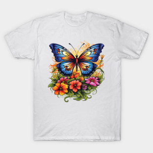 Stunning Garden Butterflies & Flowers | Vibrant Floral Illustration | Enchanting Design T-Shirt