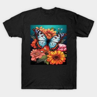 Blooming Garden with Butterflies | Bright Meadow Flowers | Botanical Art Illustration T-Shirt