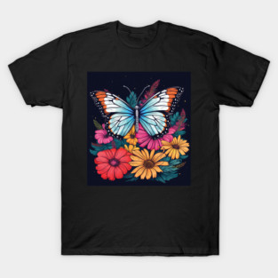 Butterfly & Garden Blooms Illustration | Vibrant Floral Scene | Nature-Inspired Artwork T-Shirt