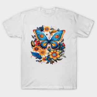 Whimsical Garden of Butterflies & Flowers | Bright Nature Illustration | Floral Art T-Shirt