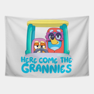 Cute Bluey Here Come The Grannies Vintage Cartoon Tapestry