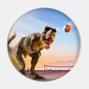 Funny T-Rex Dinosaur Playing Volleyball Pin