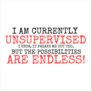 I AM CURRENTLY UNSUPERVISED I KNOW IT FREAKS ME OUT TOO BUT THE POSSIBILITIES ARE ENDLESS Posters and Art