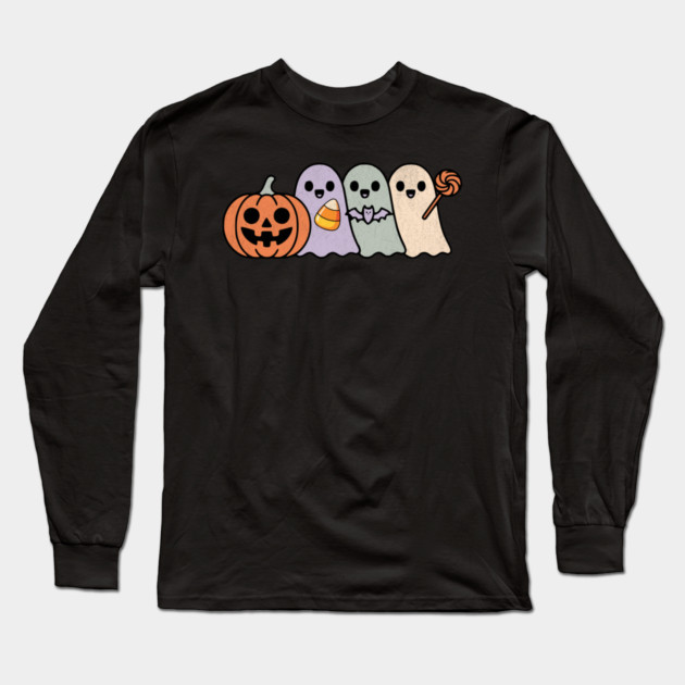 Pumpkin and Halloween Ghost Friends Design Long Sleeve T-Shirt by Designed By Marty