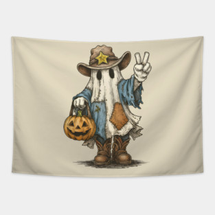 Cowboy Ghost with Pumpkin – Funny Halloween Costume for Spooky Season and Halloween Gift Tapestry